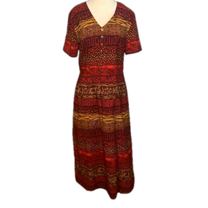 Kathie Lee Collection Maxi Dress Short Sleeve Tribal Print V Neck Burgundy 12